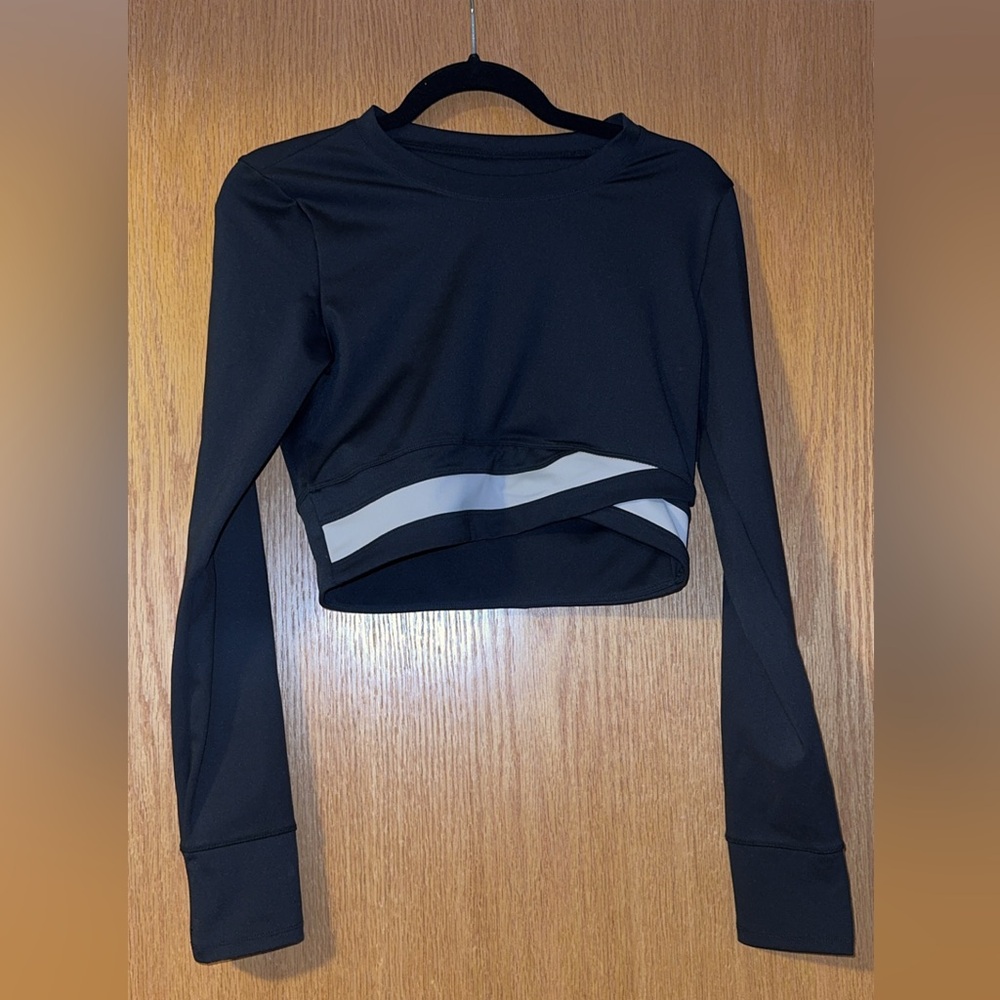 Move Theology Black Long Sleeve Crop Top with Crossover Hem